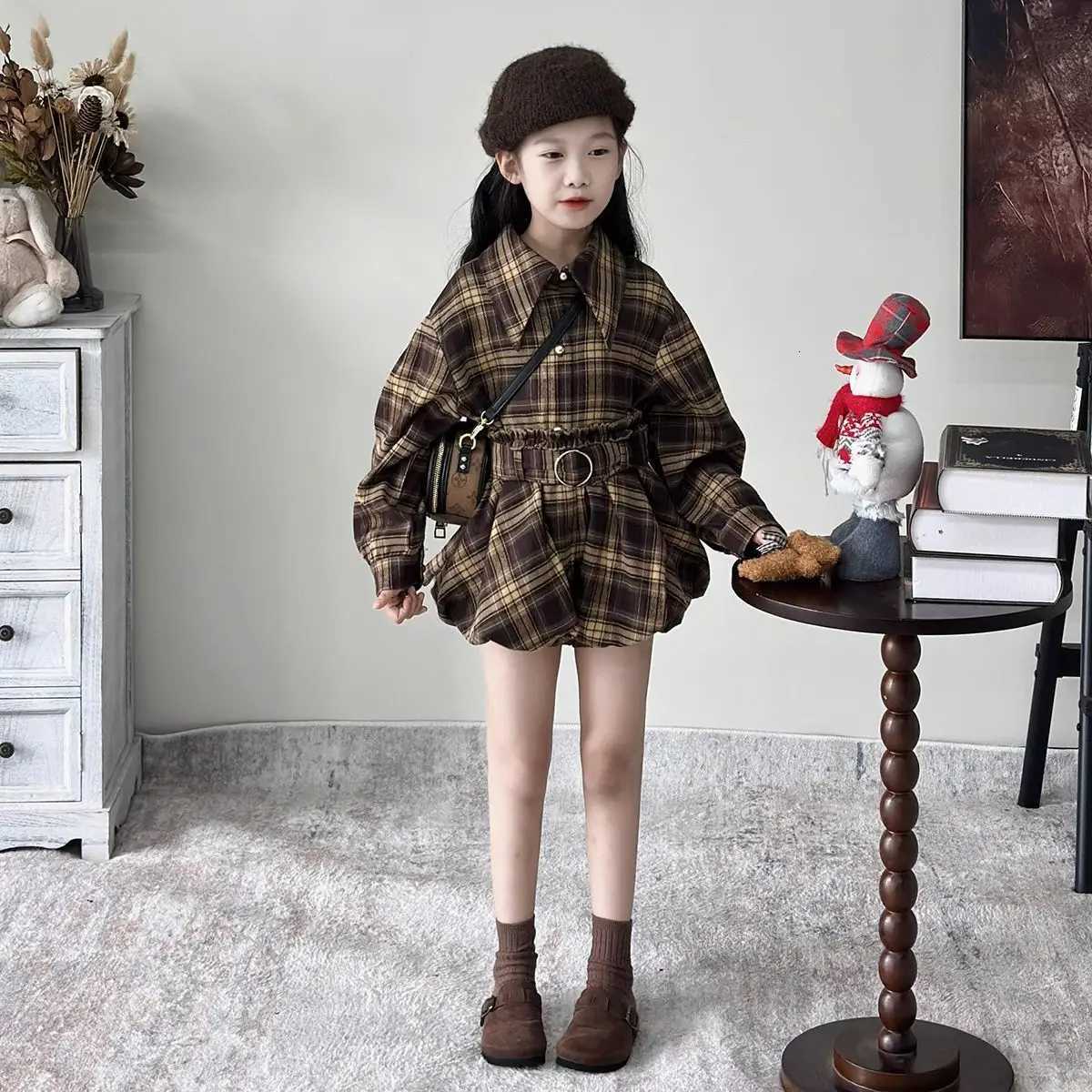 Girls Suit 2025 Autumn New Childrens Clothing Korean Girl Baby Plingham Lapel Long-sleeved Shirt Flower Bud Shorts Two Sets Y251105