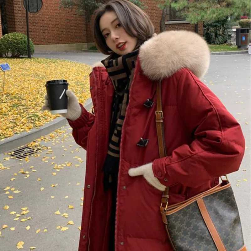 Fashion Casual Down Cotton Jacket New Autumn Winter 2025 Korean Version Large Fur Collar Hooded Warm Thick Padded ParkasT251105