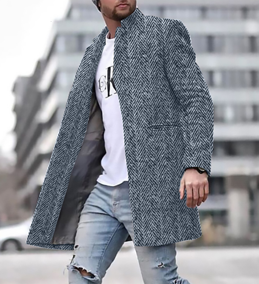 Spring new mens street youth woolen stand collar mid length pocket casual mens coat mens