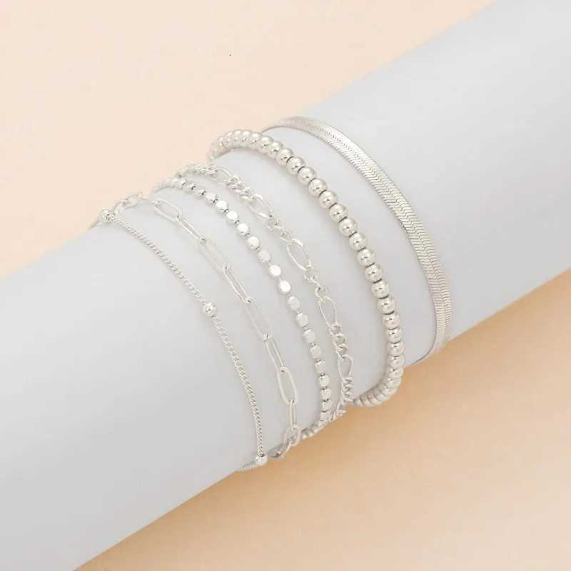 6pc/set Waterproof Stainless Steel Bracelet Set for Women Girls Fashion Bead Figaro Herringbone Paperclip Chain Bracelets PackXJ251105
