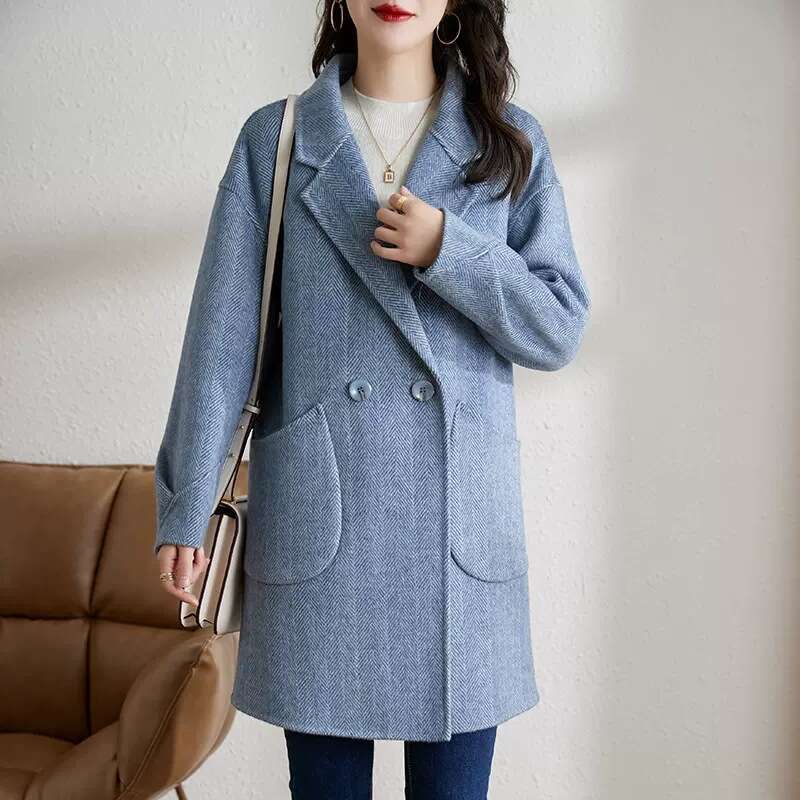 Autumn Winter New Korean Style Elegant Thickened Mid-Length Herringbone Wool Coat For Women B5