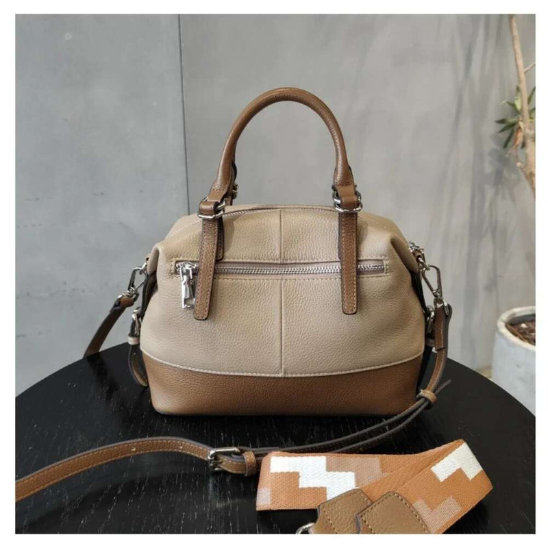 New Fashion Soft Thick Cow Leather Casual Bowg Tote Large Hit-Color Women Handbag 2 Straps Female Shoulder Crossbody Bag