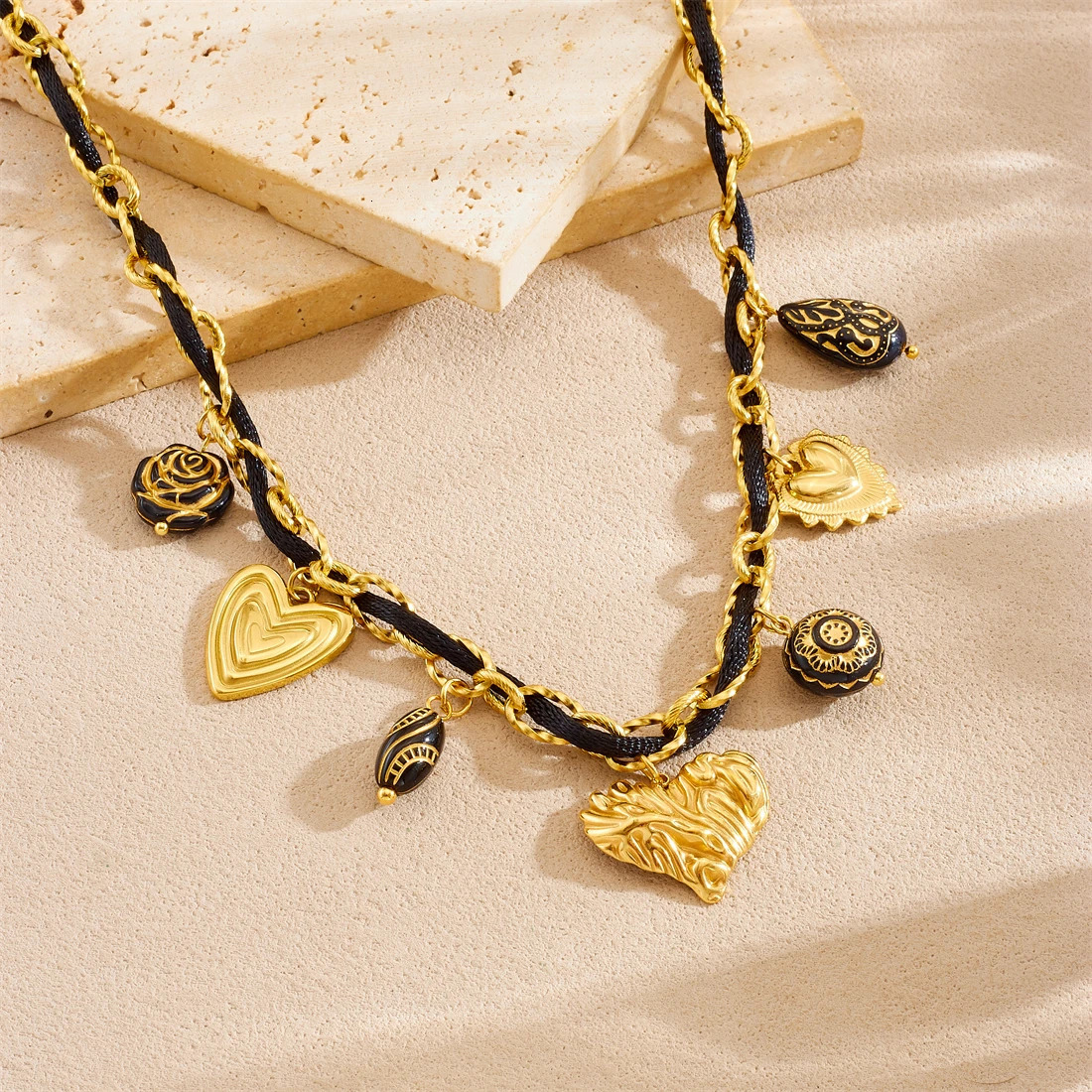 DIEYURO 316L Stainless Steel Golden Irregular Striped Heart Black Rose Flower Pendant Necklace Lady Trend Rope Chain Jewelry 251031