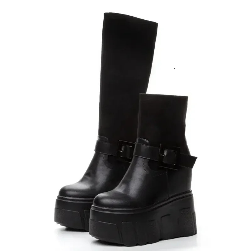 14CM Synthetic Genuine Leather Stretch Fabric Black Winter Plush Spring Knee High Ankle Boots Woman ZIP Motorcycle Autumn Shoes 251031