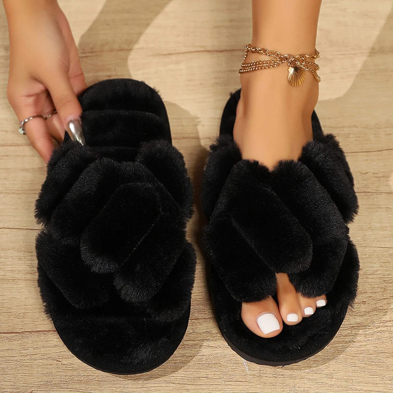 Fashion Cross Strap Fluffy Slippers Women Winter Home Peep Toe Plush Fur Slippers Woman Flat Heel Keep Warm Cotton Slides Shoes 251031