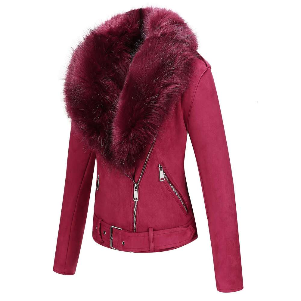 Women's Autumn/Winter Short Jacket, Faux Fur Hood, Suede Material, 95% Polyester 5% Elastane, Solid Color, Long Sleeve, Windbreaker Style, Woven 