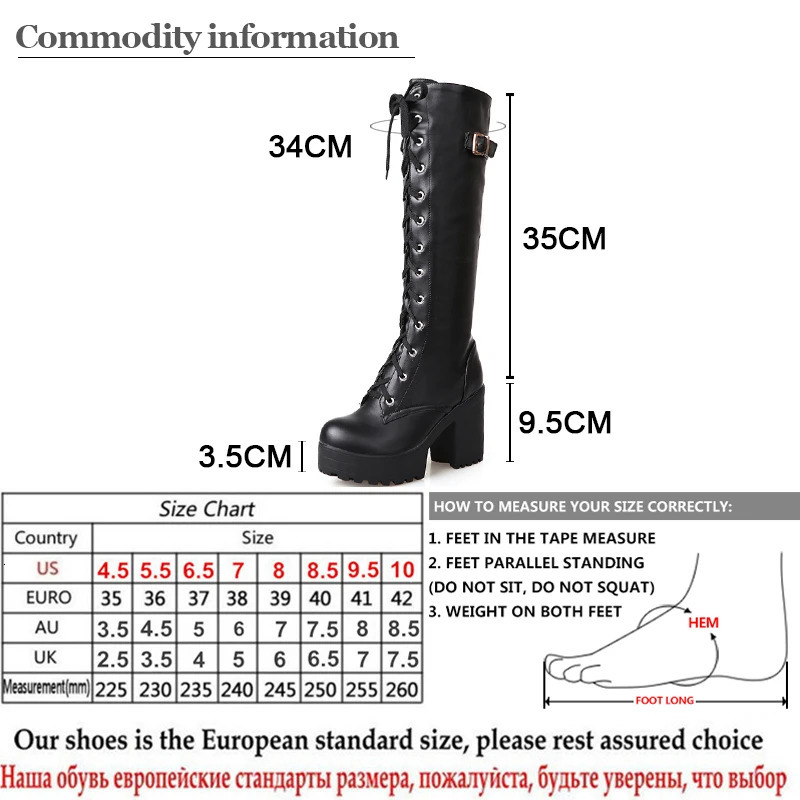 Gdgydh Spring Autumn Lacing Knee High Boots Women Fashion White Square Heel Woman Leather Shoes Winter PU Large Size 43 251031