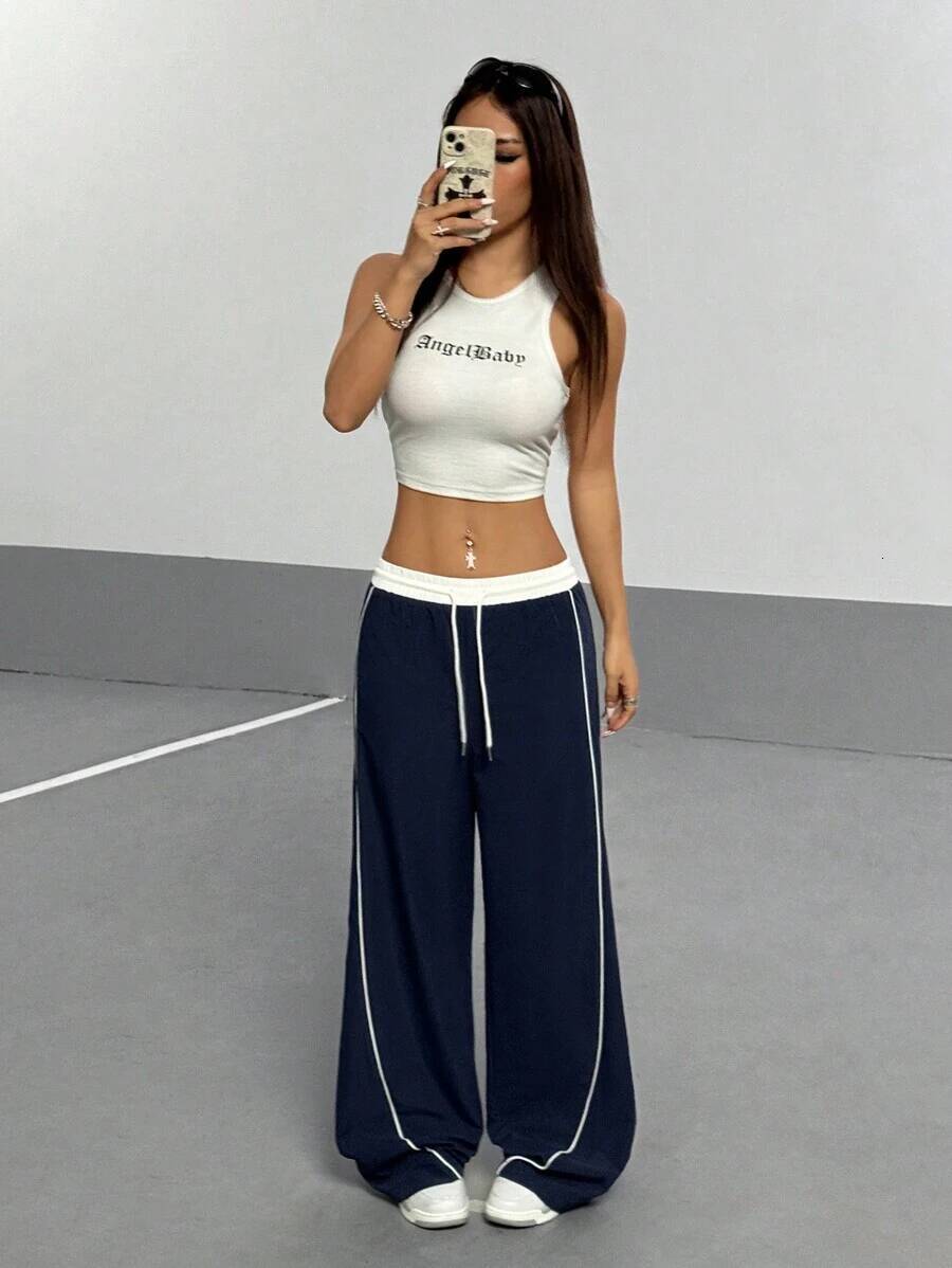 winter jacket women SHEIN PETITE Women's Winter Contrast Trim Drawstring Waist Wide Leg Pants Fall Cloth For Women