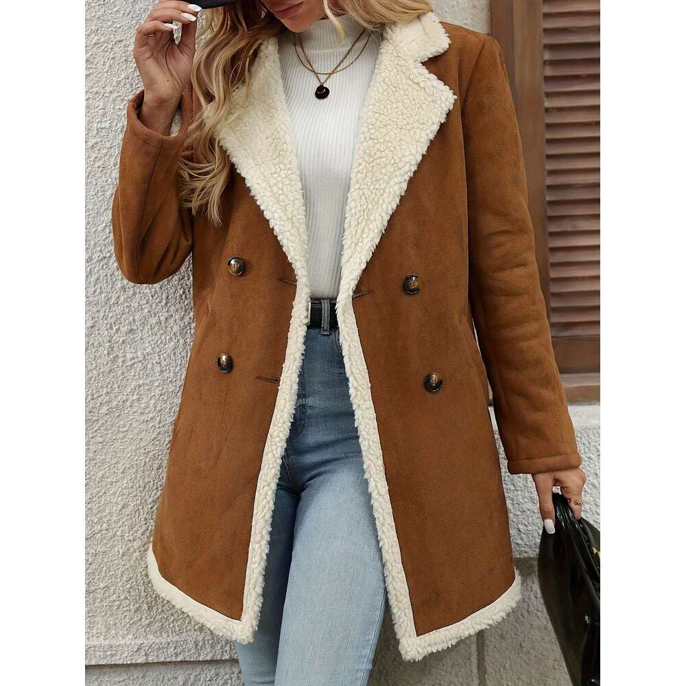 Elegant Coat - Brown Double-Breasted Jacket With Fluffy Lining, Button-Up Front, And Flap Pockets For Fall/Winter, Outerwear Chic Long Sleeve | Button