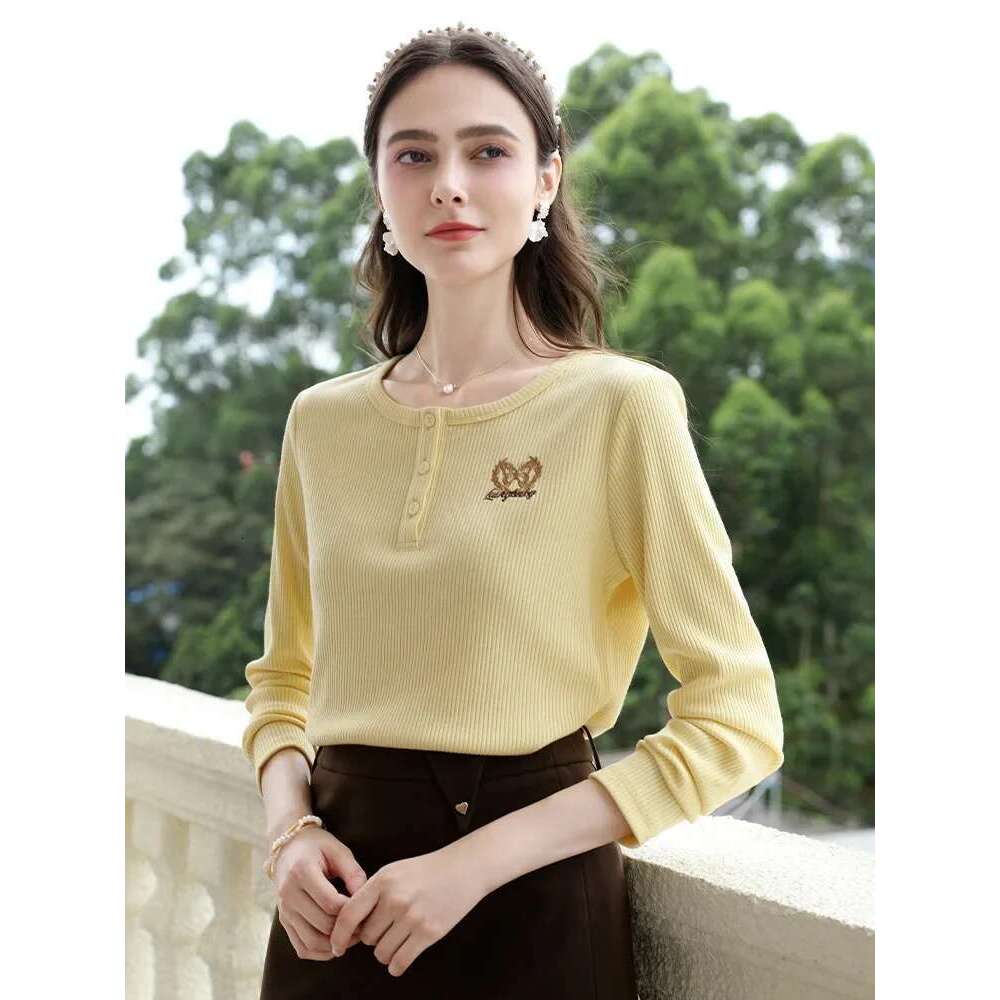 Yellow Butterfly Embroidery Knitting Elastic Base Fall Clothes Women Long Sleeved Shirt