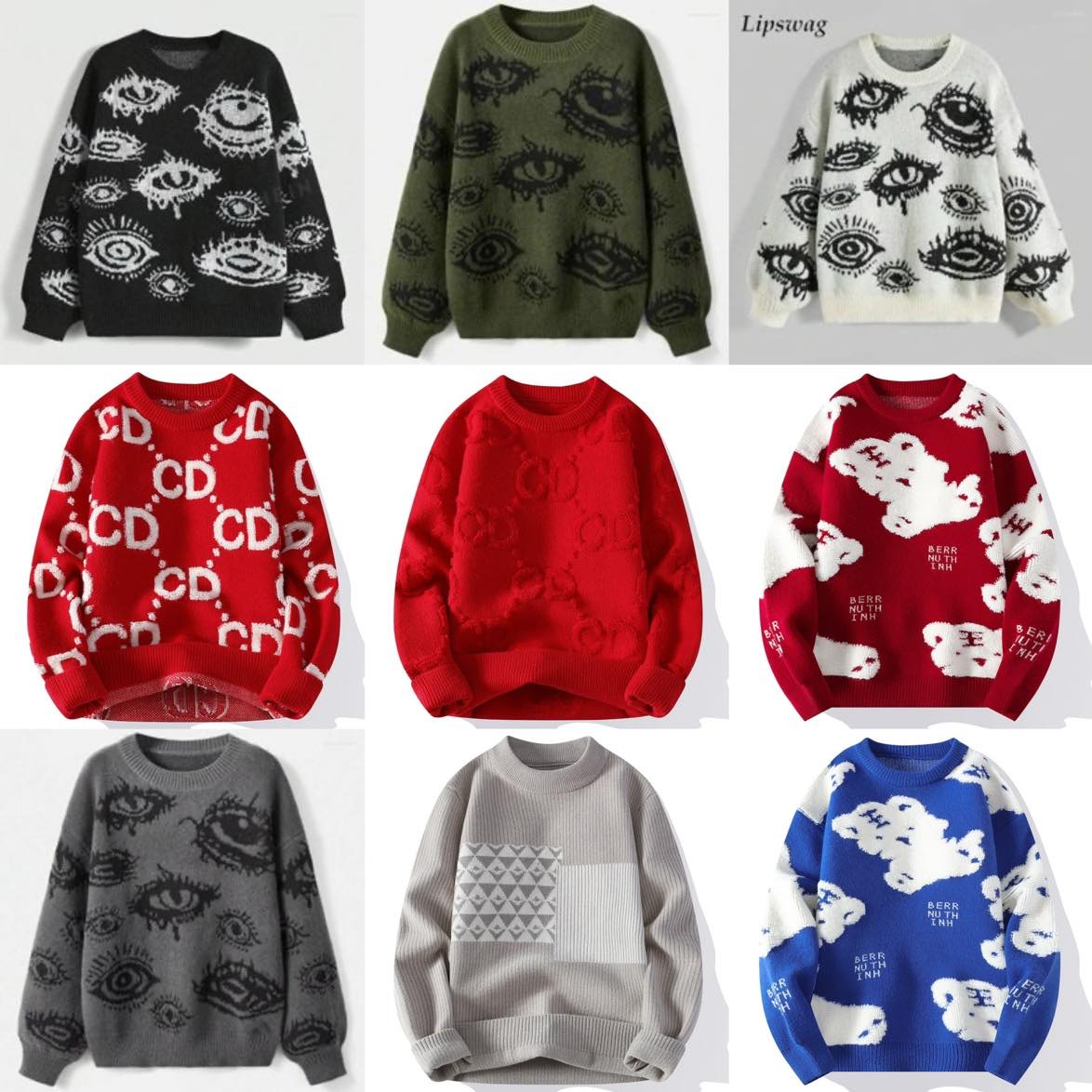 Men's Sweaters Y2K Eyes Crochet Knitted Mens Vintage Crew Neck Long Sleeve Knit Jumper Top Men Spring Autumn Casual Loose Sweater Male