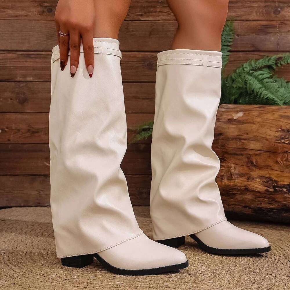 Fashion Fold Over Knee for Women Slip On Chunky High Heel Shark Boots Woman Wide Leg PU Leather Long Botas Mujer 2025