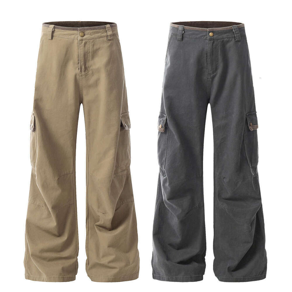 Trendy Brand Workwear Wide-Leg Men's Vibe American Retro Pleated Knee Design Solid Color Loose Flared Pants