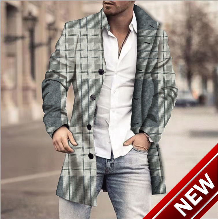 New autumn and winter mens digital printed woolen stand collar mid to long casual pocket coat jacket