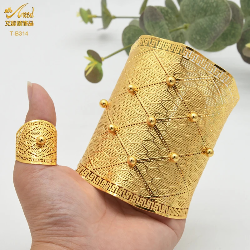 ANIID 24K Dubai Gold Plated Bangle Bracelet With Rings For Women Bridal African Jewelry Wedding Ethiopian Bracelets 251031