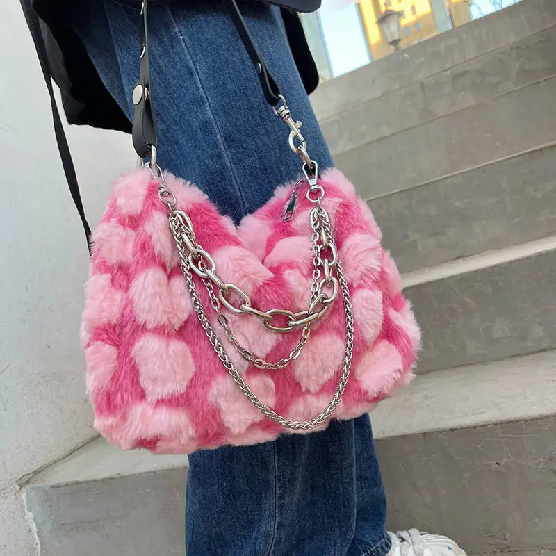 Y2k Pink Love Underarm Bags Soft Plush Heart Pattern Ladies Shoulder Bag Female Chain Furry Crossbody Bag Handbags 251104