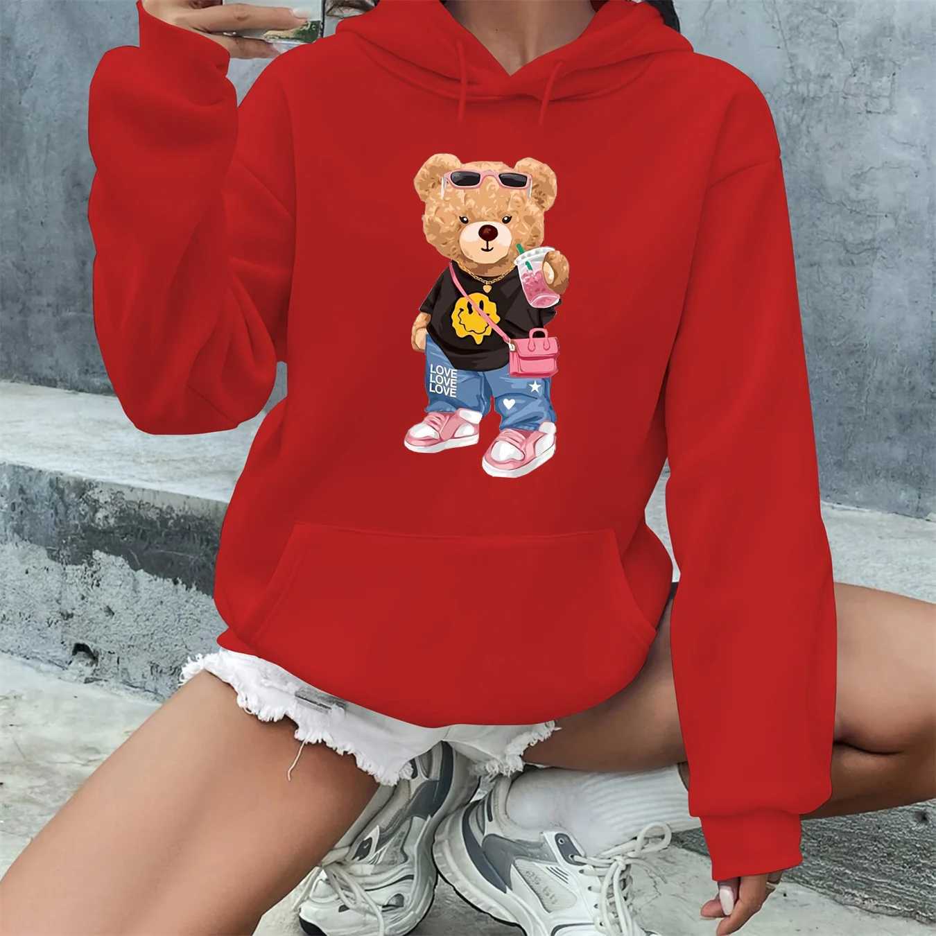 Womens autumn and winter fashion casual loose cartoon bear print round neck long sleeved drawstring hooded pulloverT251105
