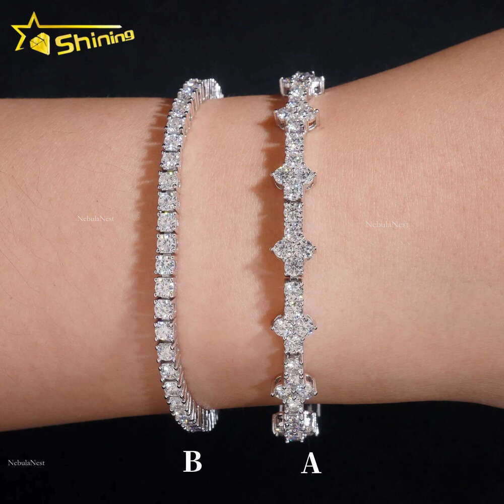 Stylish New Arrival Fashion Femme Design Sier VVS Moissanite Dia Iced Out Four Leaf Clover Cross Tennis Chain Bracelet
