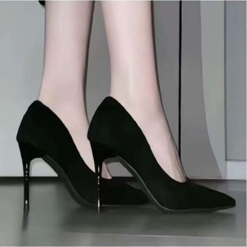 Cabin Crew High Spring and Autumn New Collection 2024 Suede Versatile Single Pointed Fine Heels Professional Work Black Shoes