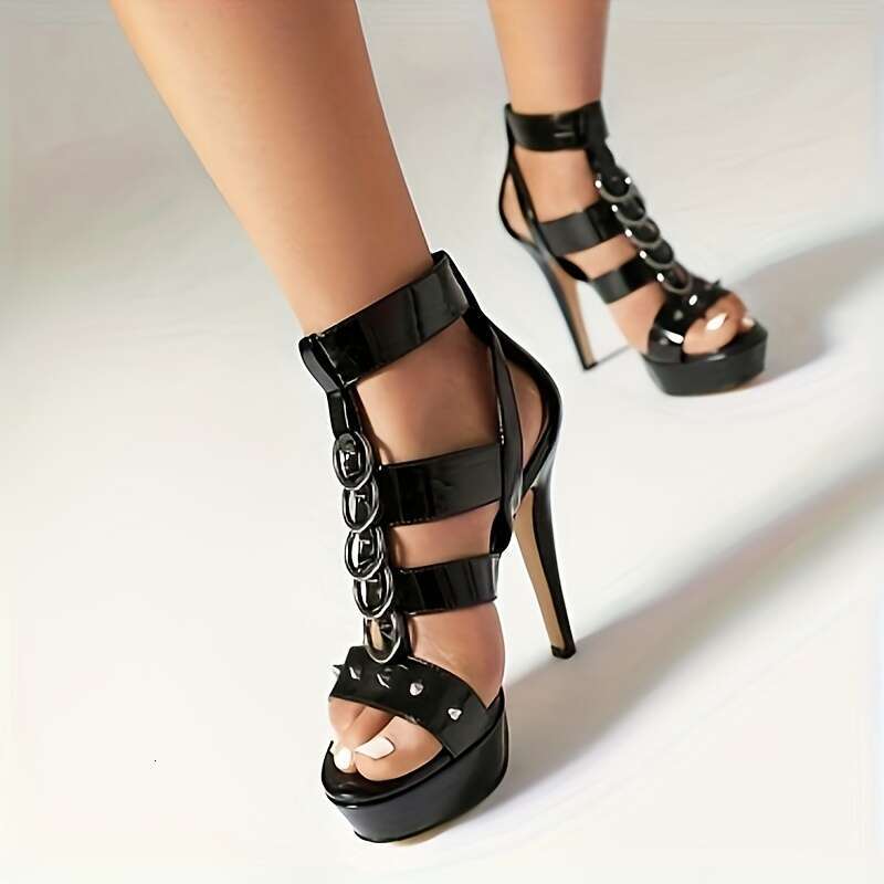 Studded Rivet Deck Sandals - Sexy Open Toe Ankle Strap High, Comfortable Fashion Casual Shoes For Women, Black With White Cover, All-Season Wear, Stil