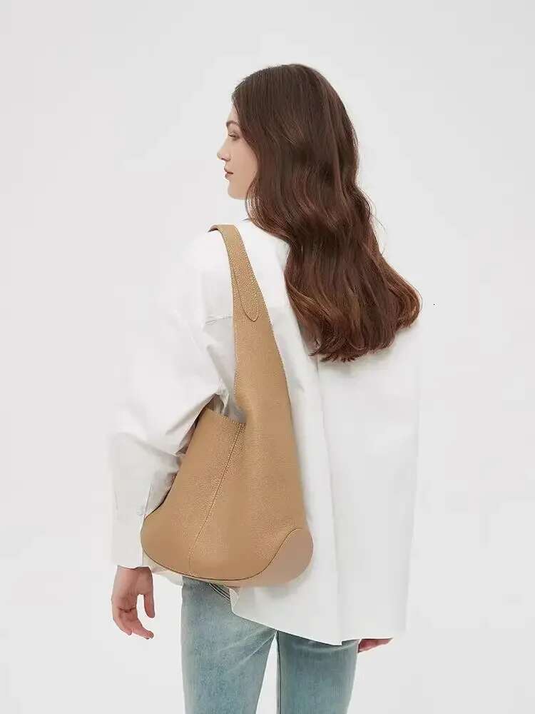 Classic Stylish Simple Large Long-Handle Bucket Tote Natural Cow Leather Women Handbag Soft Office Commuter Shoulder Bag