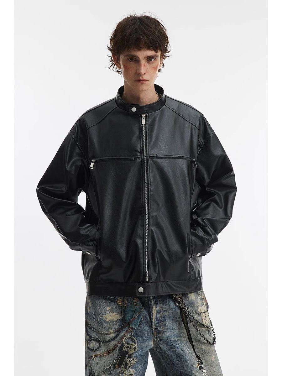 Men's PU leather jacket, street wear Y2K jacket men's hip-hop leather zipper retro motorcycle jacket Hong Kong style trend spring and autumn