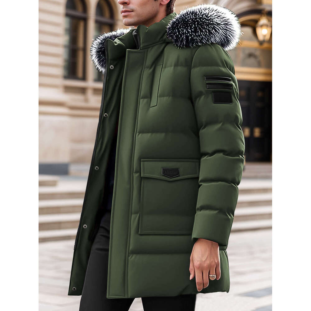 Men's Heavy-Duty Winter Coat, Detachable Fur-Like Hood & Collar, Long Jacket With Large Pockets, Cold-Weather Outerwear For Skiing And Commuting,