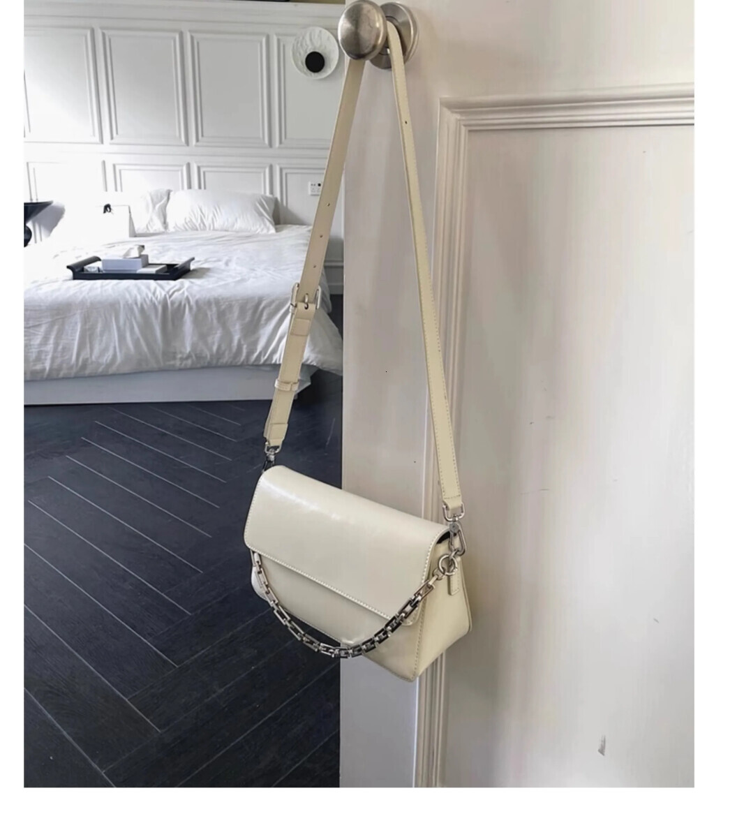 2025 New Spring Beige Color Chain Design Crossbody Glossy Cow Leather Women Messenger Bag 2 Straps Daily-Use Purse