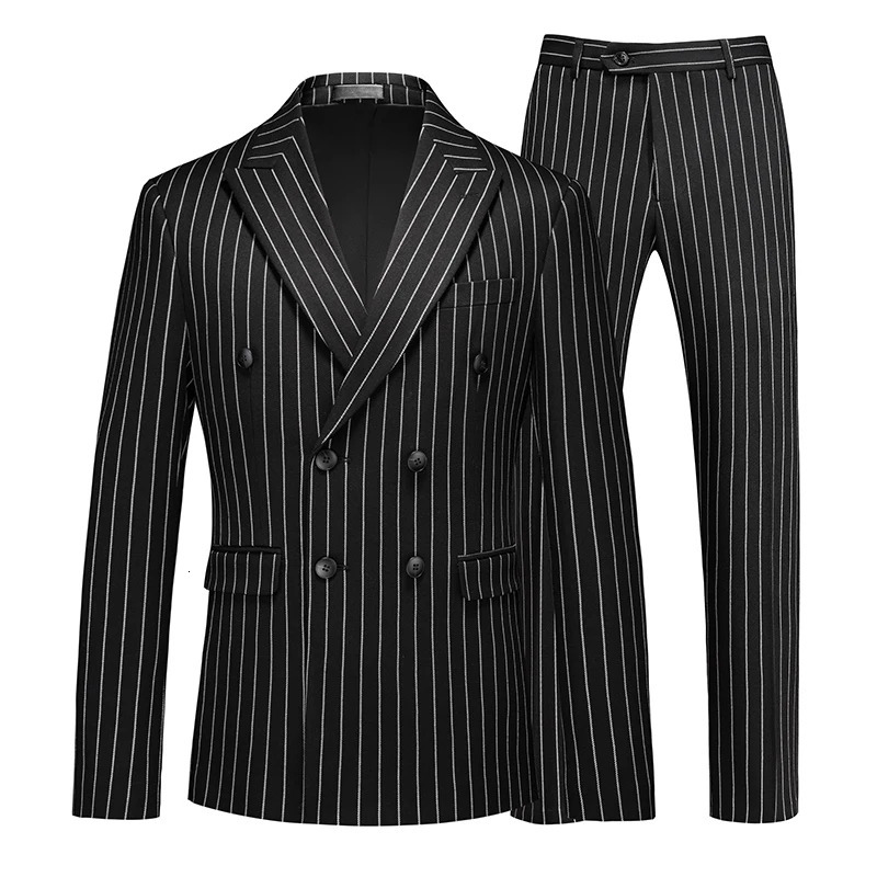 Fashion Simple Men Double Breasted Striped Suit 2 Piece Black White Homme Business Social Wedding Party Blazers and Trousers 251105