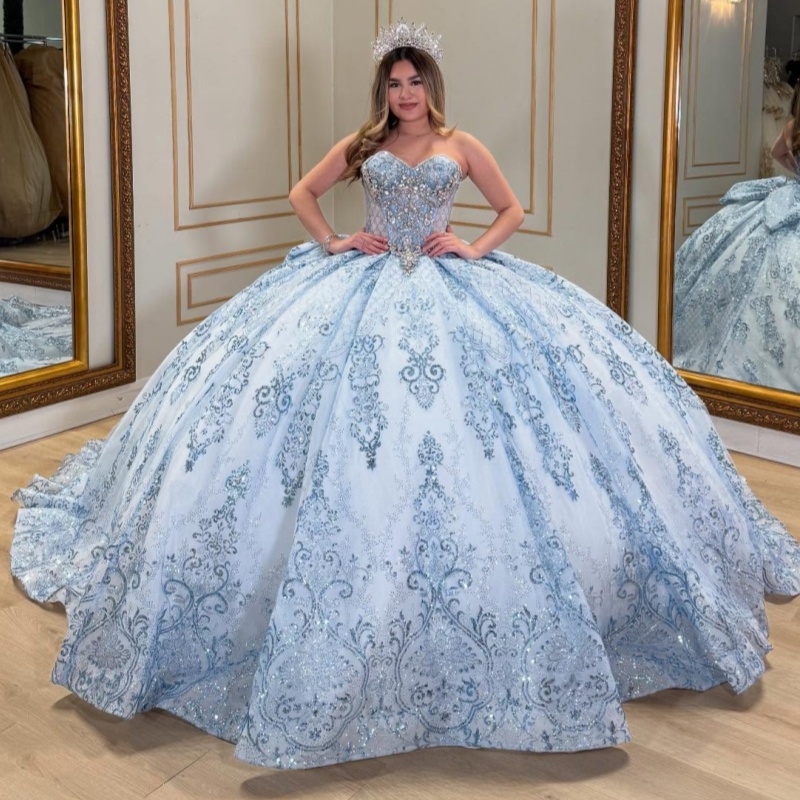 Sky Blue Shiny Quinceanera Dresses Off Shoulder Ball Gown Sweet 16 Dress Sequin Applique Bow Beading Crystal Tull Birthday Party Vestidos 15 Anos
