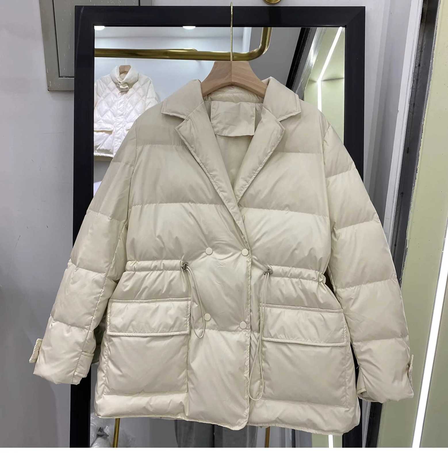 2025 New Winter Women White Duck Down Coat Casual Lady Drawstring Puffer Outwear Female Notched Collar Double Breasted CoatT251105