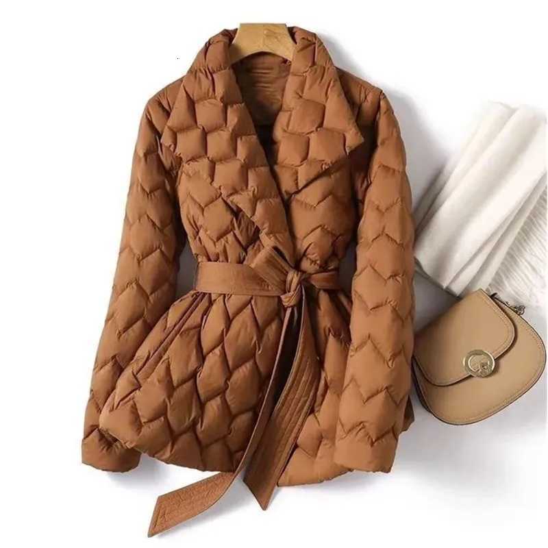 Lightweight Down Jacket With Belt Women Elegant Tie Belt Long Cotton White Duck Down Parka Female Ladies Jackets Winter CoatsT251105
