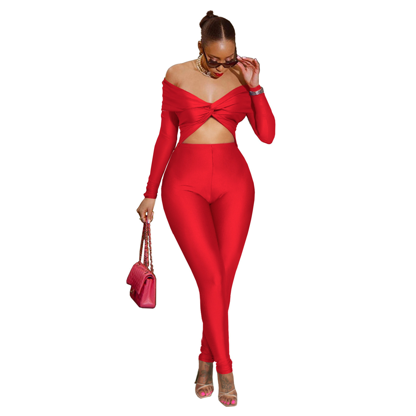 GL6755 Womens Clothing Turn-down Collar Twist Knot Hollow-out Sexy High-waisted Long-sleeve Jumpsuit 250327