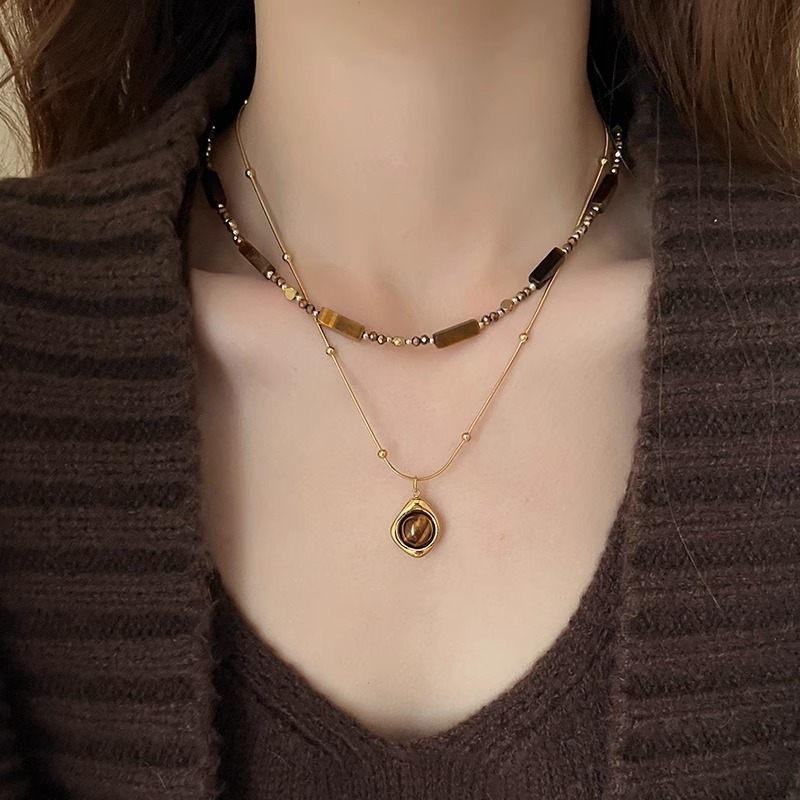Double Layer Stacked Autumn Winter Melad Beaded Tiger Eye Stone Pendant Necklace Vintage Elegant Internet Celebrity Sweater Chain