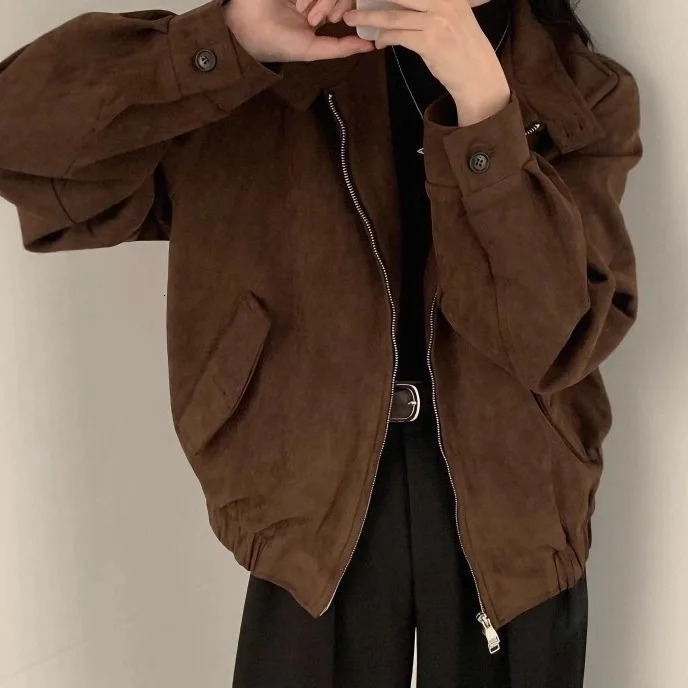 Womens Short Suede Jacket Pilot Style Midweight Long Sleeve Zipper Closure Pure Color Loose Fit Comfortable Casual Outerwear 251104