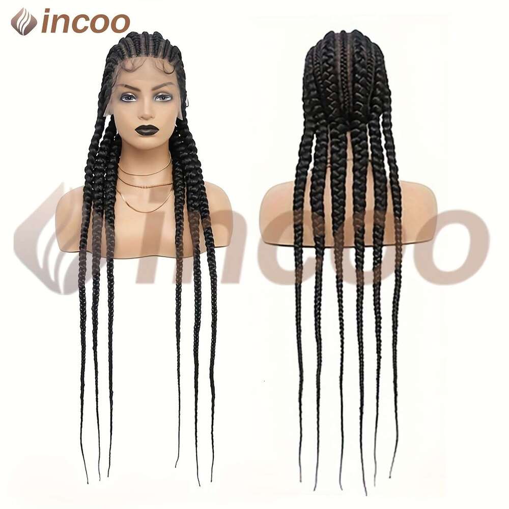 36 Inches Full Cornrows Braided Wigs Women Lace Frontal Jumbo Faux Locs Box Braids Wig For Daily Use