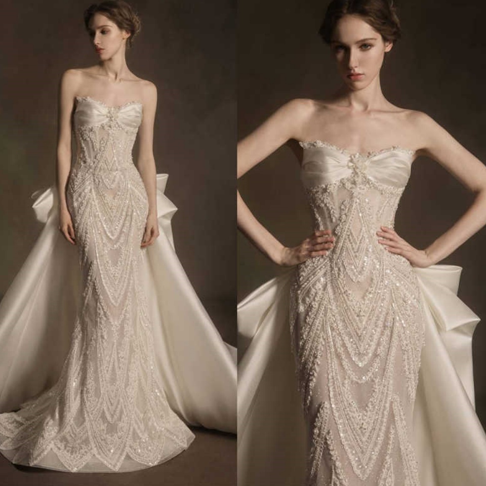 Customized Luxury Pearls Crystal Dubai Mermaid Wedding Dresses 2025 Detachbale Train Beaded Bridal Dresses vestidos