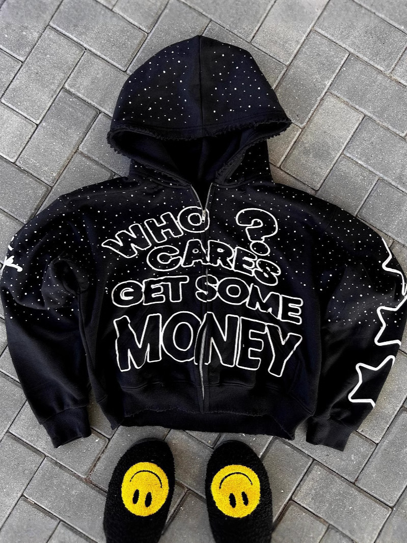 Harajuku High Street Dark Style Letter Print Hoodie Unique High-end Loose Hip-hop Cardigan Top