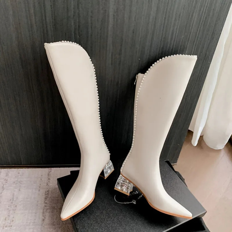 Black White Cowhide Pearl Edge Retro Knee High Boots Autumn Winter 55cm Low Heel Commuting Shopping Fashion Warm Long Boots 251031