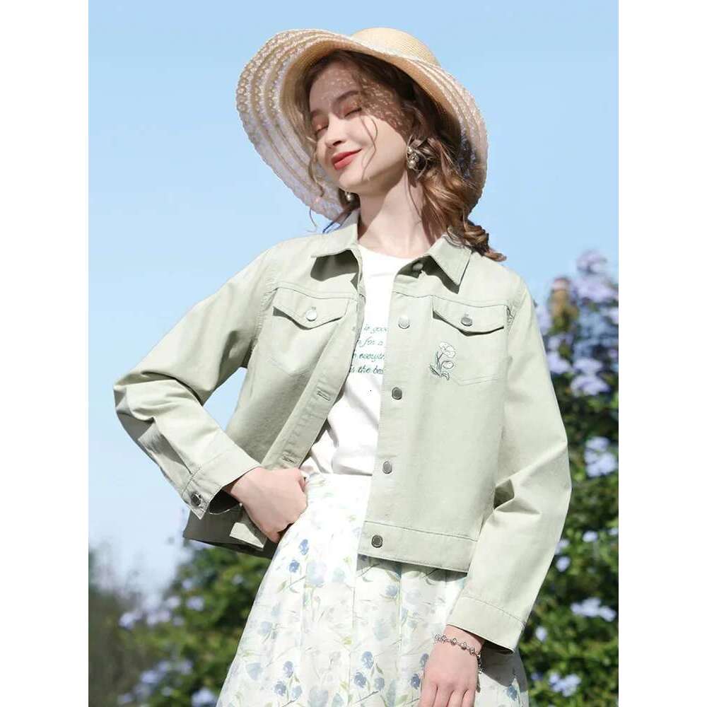 French Woman Denim Jackets Turn-Down Collar Spring New Embroidery Cotton Short Female Retro Coat