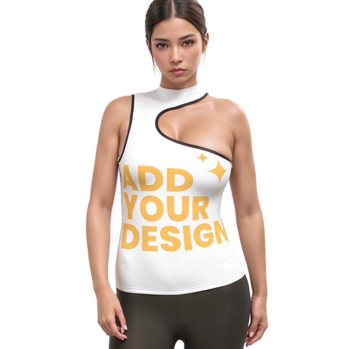 Women's Halter Sleeveless Asymmetrical Tank Top, All-Over Print Workout Top with Black Binding, Medium-Impact Fitness Shirt