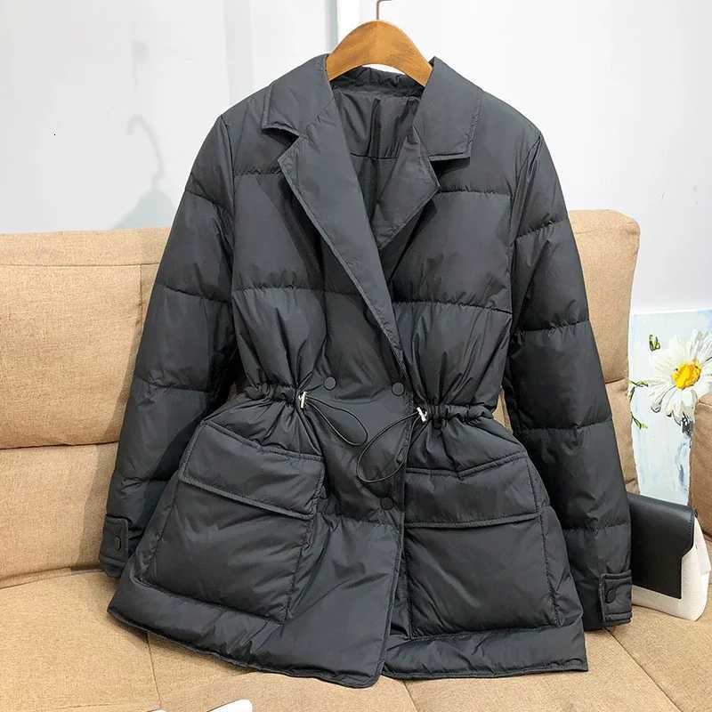 2025 New Winter Women White Duck Down Coat Casual Lady Drawstring Puffer Outwear Female Notched Collar Double Breasted CoatT251105