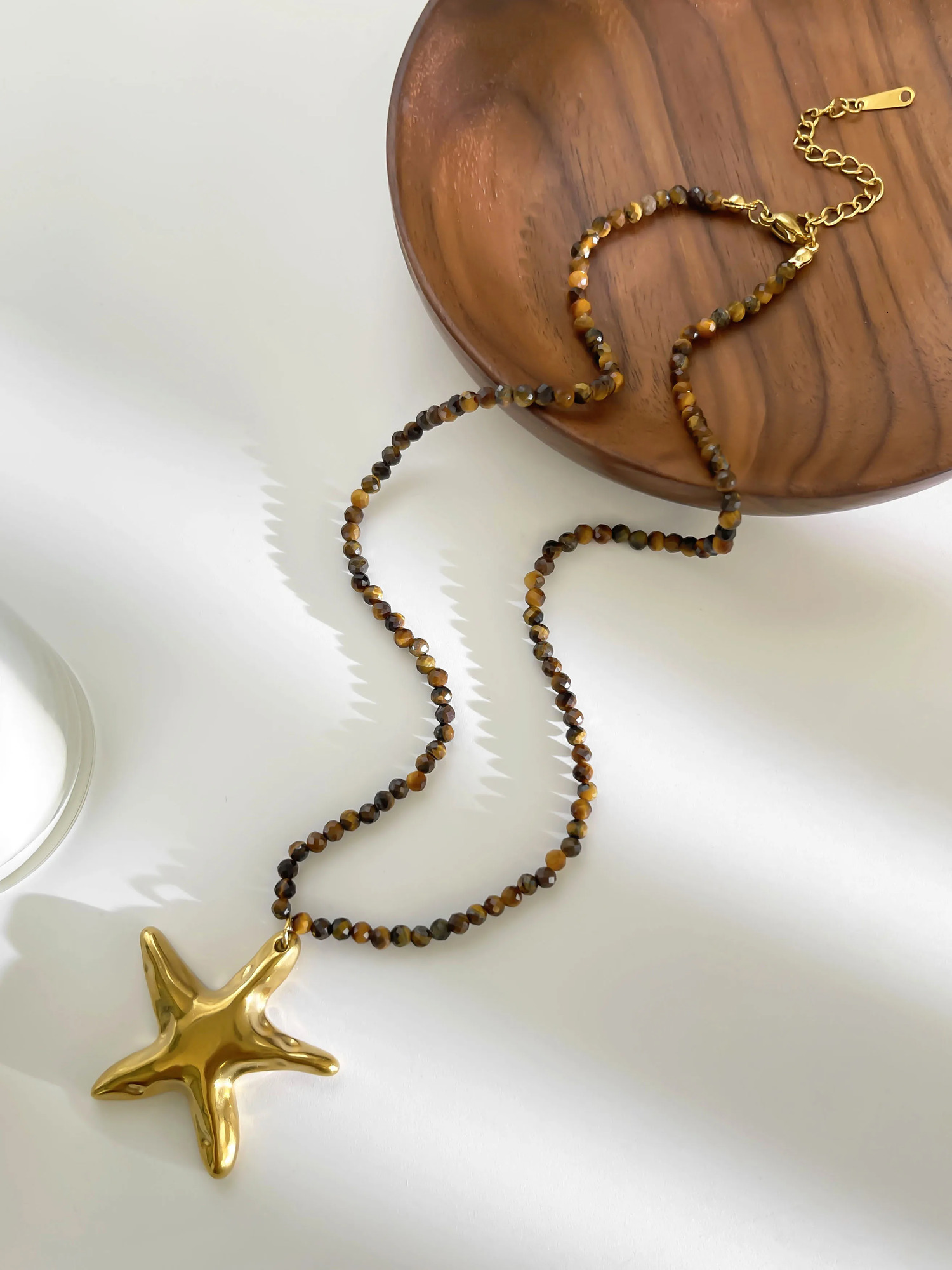 GHIDBK Fashion Natural Yellow Tiger Stone Beaded Chain Starfish Pendant Necklace for Women Stainless Steel Ocean Style Jewelry 251031