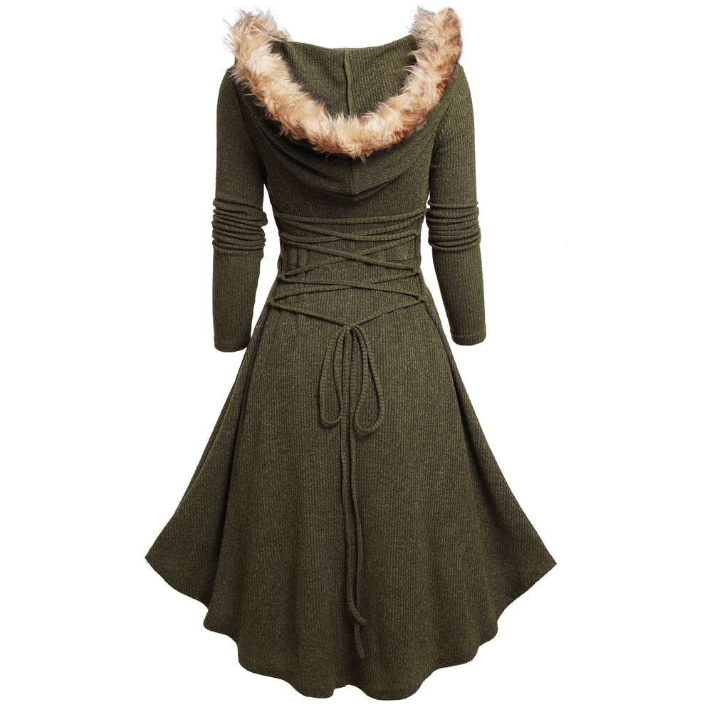 Women's Winter Hooded Dress, Faux-Fur Collar & Adjustable Waist, Long Short Front/Asymmetrical Back Hem High-Elasticity Fit-And-Flare Maxi Gown, 