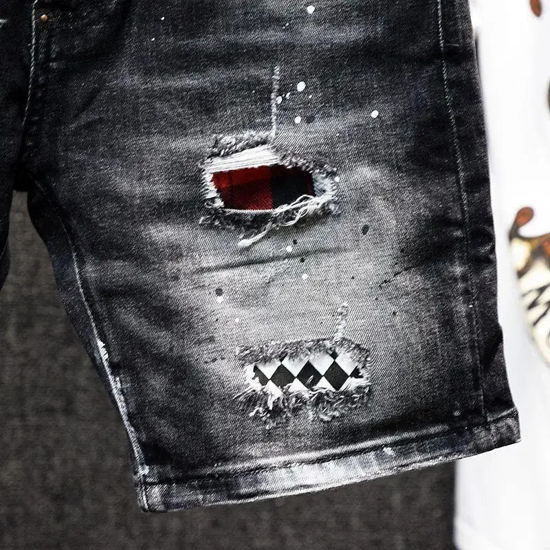 er clothing mens casual denim knee length shorts summer fashion black patch painted jeans mens shorts 250402