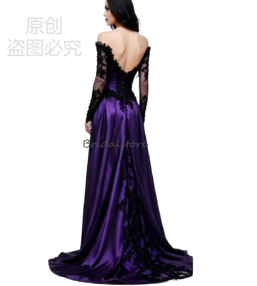 Vampire Purple Gothic Wedding Dress 2026 Long Sleeve Black Lace Victorian Medieval Bridal Gowns Halloween Fantasy Colored Bride Dress Halloween Vestio