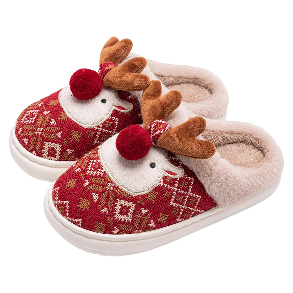 Christmas Elk Plush Slippers Flat Thermal Slippers Comfortable Furry Reindeer Slipper Anti Slip Cartoon Elk Slides for Men Women 251031
