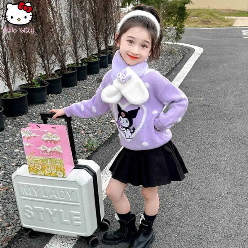 Sanrio Girls Kurom Warm Sweater Anime Autumn and Winter Kawaii New Cartoon Childrens Fashion Thicken Knitted Cardigan Tops H251105