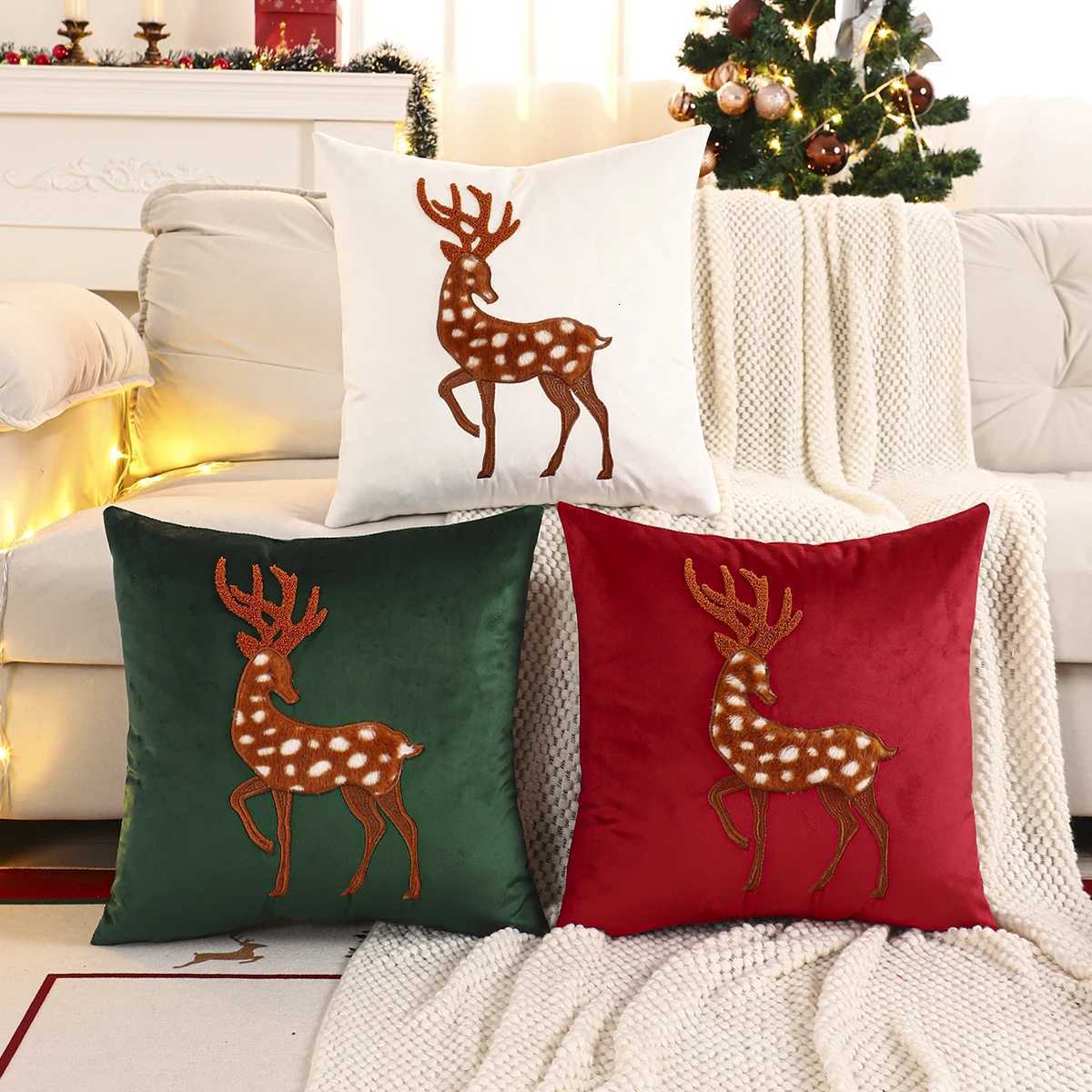1 PC Christmas Deer Throw Pillow Cover Velvet Embroidery Christmas Decoration Living Room Y251105