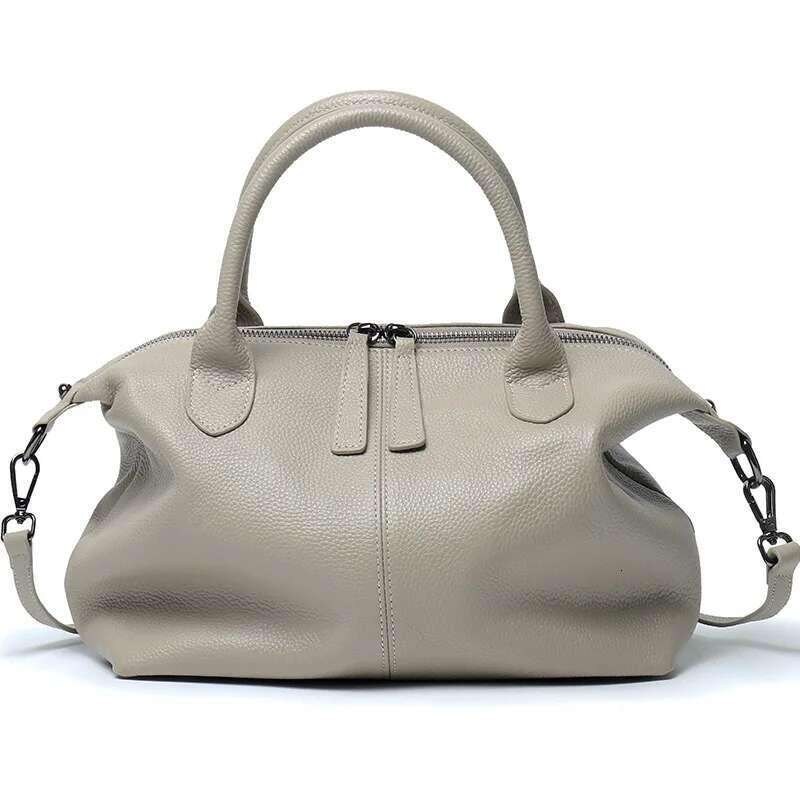 New Classic Design Leisure Top Layer Cowhide Leather Tote Grey High Quality Large Capacity Women's Handbag Soft Shoulder Bag